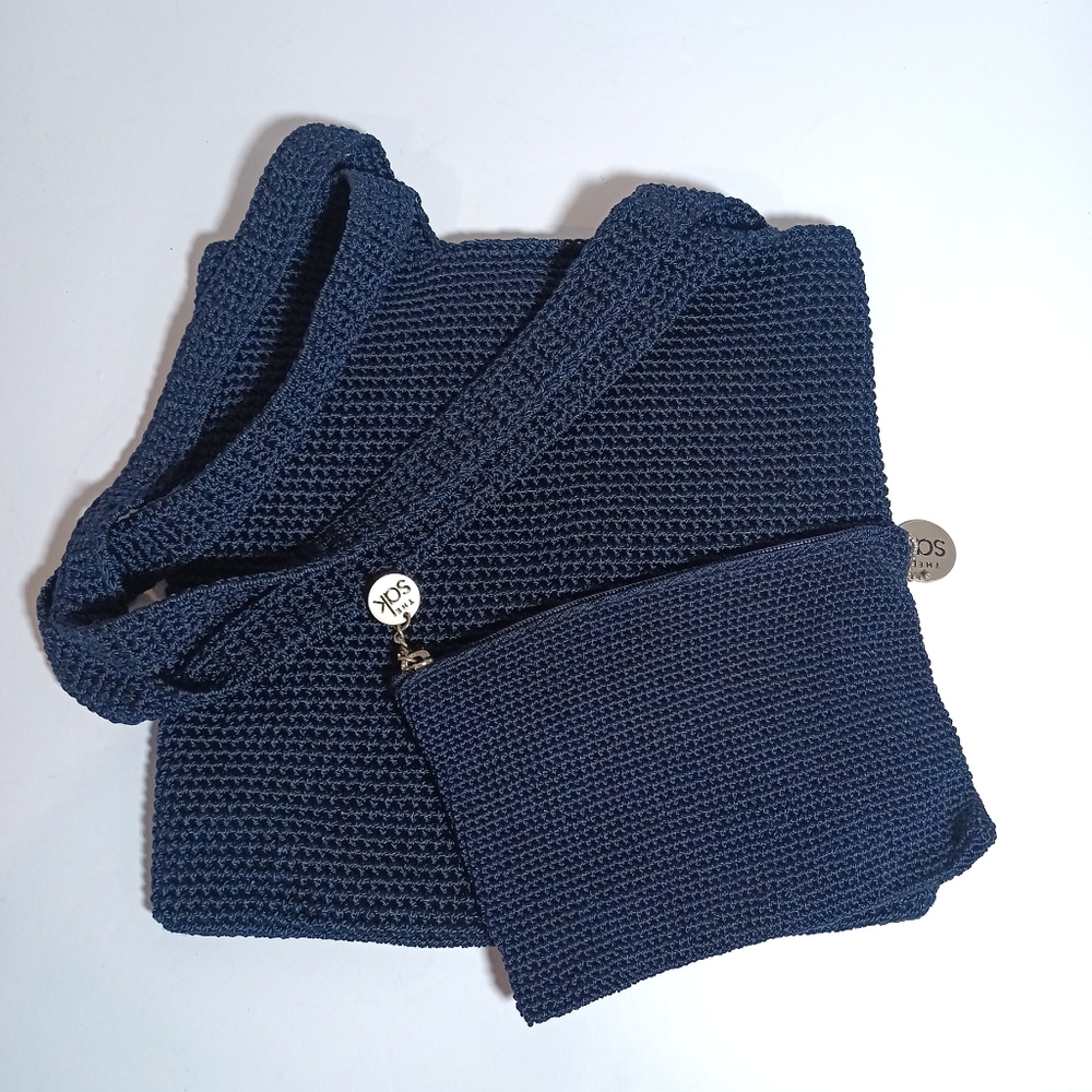 The Sak Knit Tote Shoulder Bag Hang Charm  Matching Pouch in INavy